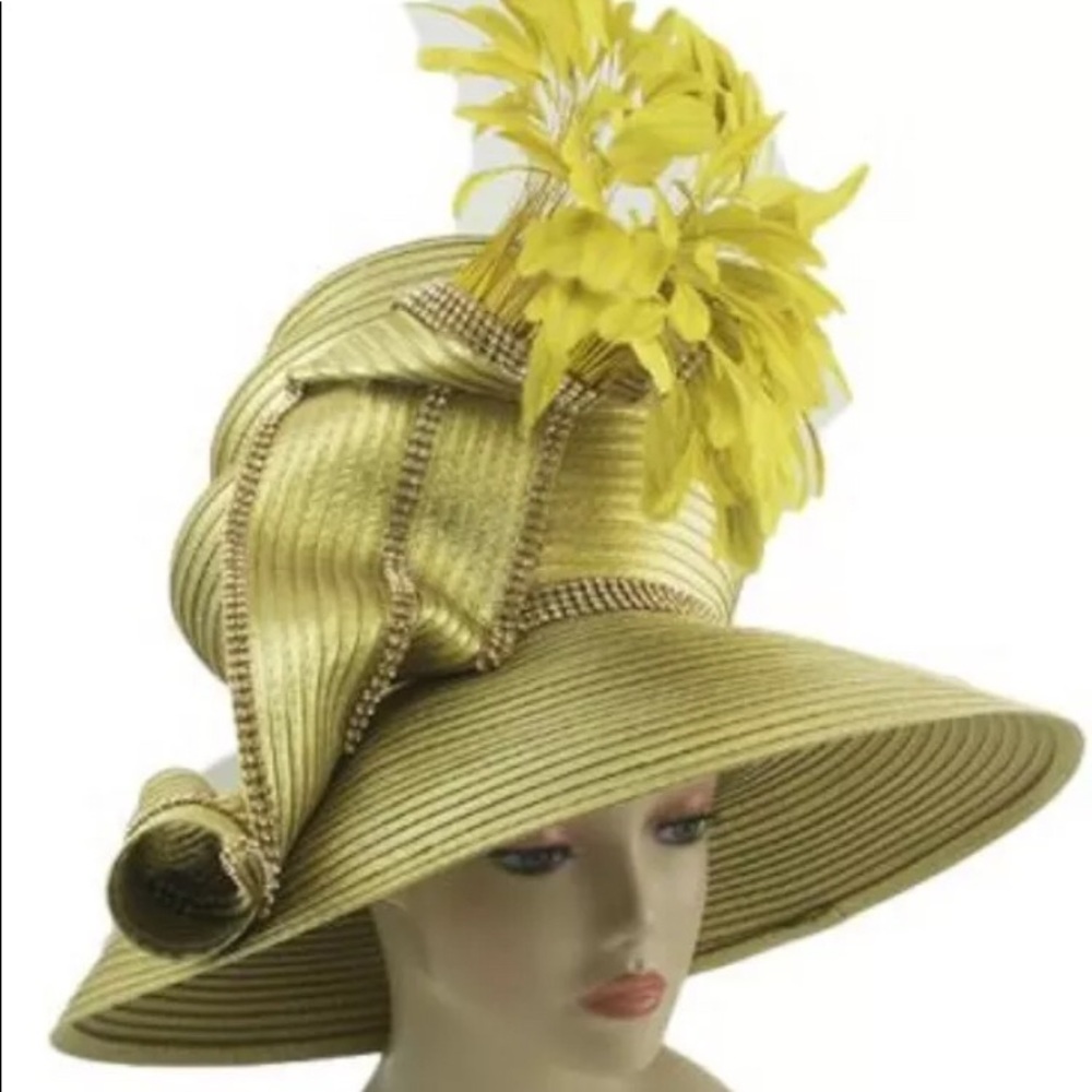 LOOK! NEW Charm NY Ornate Gold SPARKLING RHINESTONE HAT accented with feathers
